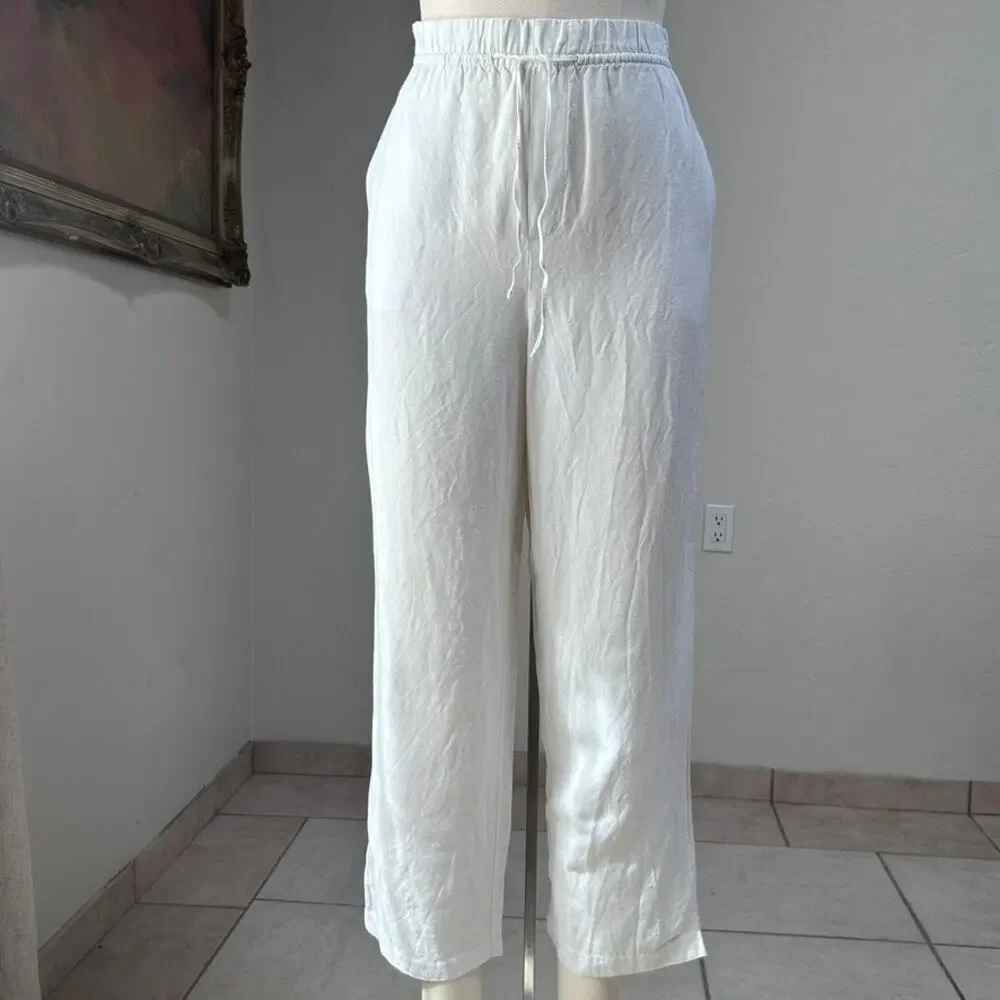 Wide Leg Pull On Tie Waste Linen Pants Pockets Lightweight Capsule White Women M